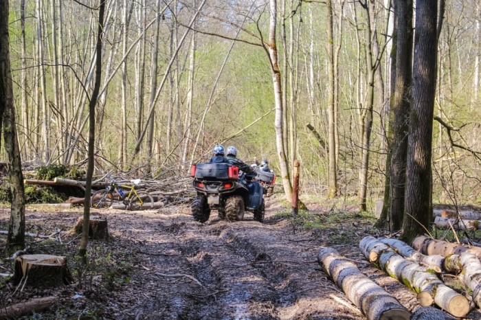 two people on a dirtbike vehicle in the woods