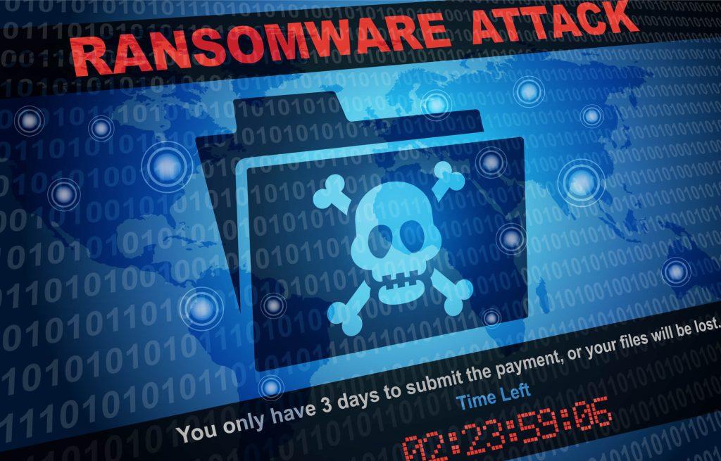 fake ransomware warning with a skull on a file folder on a background with binary and a world map, cyber ransom